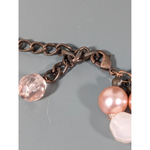 Pink Gray Faceted Bead Faux Pearl Triple Strand Layer Necklace 20" - Picture 7 of 9